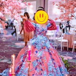 Couture Elegant Pink and Blue Floral Gown